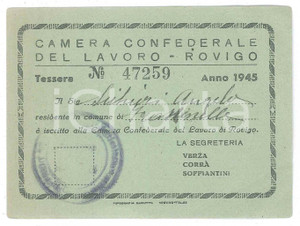 Oggetto da collezione cartaceo 1945 ROVIGO Camera confederale del lavoro  Tessera di iscrizione 11x8 cm 1
