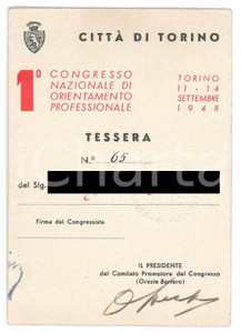 Oggetto da collezione cartaceo 1948 TORINO  I° Congresso Nazionale di orientamento professionale  Tessera 1