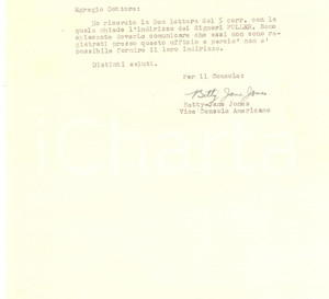 Autografo originale 1957 VENEZIA Consolato Americano  Lettera Betty Jane JONES Autografo 1