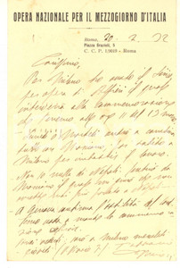 Autografo originale 1932 ROMA Padre Giovanni MINOZZI  Opera Nazionale Mezzogiorno AUTOGRAFO 1
