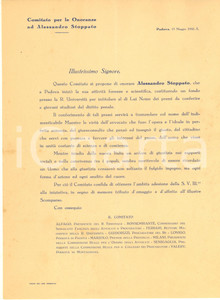 Documento originale, autentico 1932 PADOVA Comitato onoranze ad Alessandro Stoppato  Lettera 1