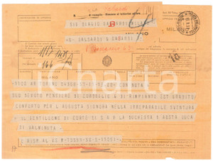 Documento originale, autentico 1931 TORINO Telegramma Duca di Valminuta  Gentiluomo S.A.R. Duchessa d Aosta 1