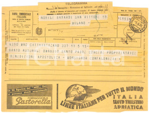 Documento originale, autentico 1937 CITTA  DEL VATICANO Telegramma mons. Carlo CONFALONIERI  Benedizione 1