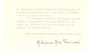 Autografo originale 1976 CREMONA Lettera Adriana MOLA FARINACCI per aiuto a un amico Autografo 1