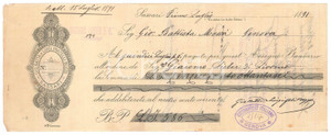 Oggetto da collezione cartaceo 1891 SASSARI  Ditta Giovanni Battista e Luigi Fratelli BOZZO  Assegno bancario 1