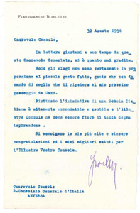 Manoscritto, lettera originale 1934 Lettera Ferdinando BORLETTI al console pro Scuola Italiana di Anversa 1