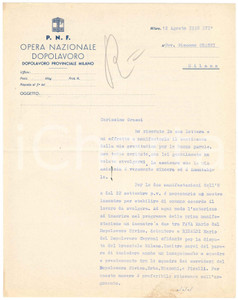 Documento originale, autentico 1938 PNF MILANO  OND  Lettera PISANI per programma CICLISMO Autografo 1