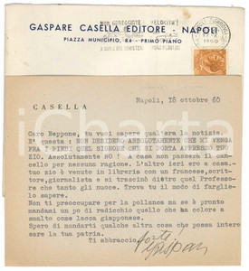 Autografo originale 1960 NAPOLI Biglietto Gaspare CASELLA su ospite indesiderato AUTOGRAFO 1