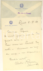 Autografo originale 1952 ROMA Senatore Antonio ROMANO  Lettera autografa a un professore 1
