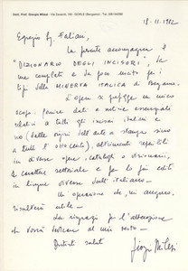 Autografo originale 1982 GORLE Lettera Giorgio MILESI  Invio Dizionario degli incisori Autografo 1