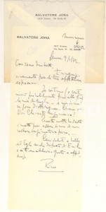 Autografo originale 1972 GENOVA Lettera Salvatore JONA Continuo le mie battaglie Autografo 1