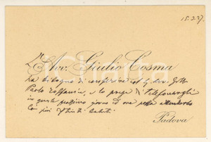 Oggetto da collezione cartaceo 1927 PADOVA Avv. Giulio COSMA  Biglietto da visita con messaggio autografo 1