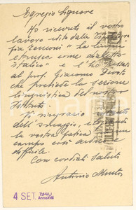 Autografo originale 1940 FIRENZE Istituto Studi Etruschi  Antonio MINTO  Cartolina AUTOGRAFA 1