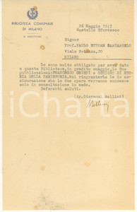 Autografo originale 1947 MILANO Biblioteca Comunale  Lettera Giovanni BELLINI direttore Autografo 1