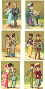 1890 BRUXELLES A LA FRILEUSE Chemises - SÃ©rie 6 chromos publicitaires amoureux  Serie di 6 cartoncini pubblicitari, stampati in cromolitografia, per la casa di confezioni "A la frileuse", specializzata in moda per l'infanzia.CONDIZIONI: G FORMATO: 8x12 cm     originale e autentica 1