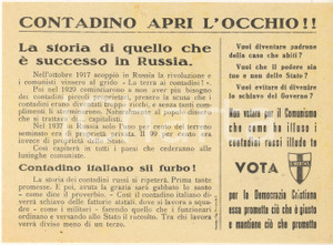 Oggetto da collezione cartaceo ELEZIONI 1948 - PROPAGANDA DC - Contadino apri l'occhio !! *Volantino 1