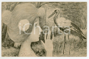 1904 ART NOUVEAU Illustratore B. PATELLA Donna con cicogna - Carte postale  Cartolina postale d'epoca, viaggiata.CONDIZIONI: FAIRFORMATO: FP    originale e autentica 1