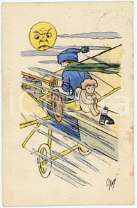 1911 HUMOUR Moon with aviator and Cupid flying on an airplan - Old postcard  Cartolina postale d'epoca, viaggiata.CONDIZIONI: F (macchie al recto)FORMATO: FP    originale e autentica 1