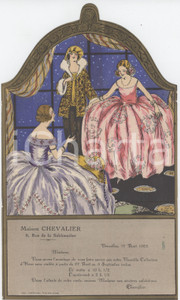 1923 BRUXELLES - MODE - Maison CHEVALIER - RARE Invitation - enveloppe  Raro invito d'epoca, richiudibile a forma di busta, con pregevole immagine interna recante ritocchi manuali. GOOD/buono  Formato: 15x25 cm (aperto) originale e autentica 1