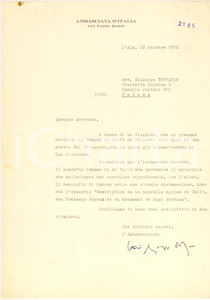 Autografo originale 1976 L AJA Ambasciata d Italia  Lettera Livio THEODOLI ambasciatore Autografo 1