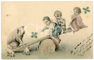 1903 GOOD LUCK Children playing with pigs - Old postcard ill. Raimund WICHERA  Cartolina postale d'epoca, viaggiata.CONDIZIONI: GFORMATO: FP    originale e autentica 1