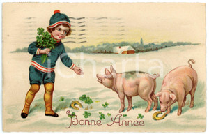 1934 BONNE ANNEE Lucky child with four leaf clovers and pigs - Vintage postcard  Cartolina postale d'epoca, viaggiata.CONDIZIONI: GFORMATO: FP    originale e autentica 1
