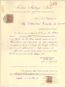 1907 PAVIA Fonderie Ambrogio NECCHI - Certificato azioni - AUTOGRAFO (7)  Certificato con firma autografa degli amministratori, tra i quali Ambrogio Necchi.CONDIZIONI: FAIR (piegatura centrale d'epoca)    originale e autentica 1