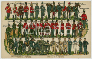 1910 ca UK His Majesty's forces - Militair anglais ILLUSTRATED embossed postcard  Cartolina postale d'epoca, non viaggiata. POOR/danneggiato Smussature agli angoli, disegni a biro al verso, strappo al margine sinistro Formato: FP originale e autentica 1