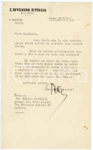 1951 BOLOGNA Lettera Raimondo MANZINI Direttore "L'Avvenire d'Italia" AUTOGRAFO Lettera dattiloscritta, con firma autografa di Raimondo Manzini.Su carta intestata "L'Avvenire d'Italia - Bologna". CONDIZIONI: FAIR (piegature d'epoca e minime macchie)PAGINE: 1    originale e autentica 1