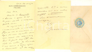 1919 COSTANTINOPOLI Conte Carlo SFORZA Alto commissario italiano - AUTOGRAFO Lunga e importante lettera del conte Carlo Sforza, interamente autografa, inviata al generale Vittorio Elia, all'epoca comandante del Corpo di Occupazione a Rodi.Carlo Sforzi, a Costantinopoli in qualit&agrave; di Alto commissario italiano per l'attuazione dell'armistizio con l'Impero Ottomano, racconta l'evoluzione della situazione politica e le difficolt&agrave; incontrate con gli alleati: "...Io premo da qui per sbarco le nostre truppe sul continente. Quello sar&agrave; un fatto sul quale contare. Non capisco perch&eacute; Allenby &egrave; sempre stato tanto contrario...Molla: l'odio e la tema dei greci".Busta non viaggiata, con pregevole chiudilettera "Ambasciata Italiana - Costantinopoli".CONDIZIONI: G (piegature d'epoca)PAGINE: 8 facciate    originale e autentica 1