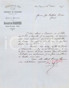 1898 SAINT- TROPEZ (VAR) - Augustin BARBIER - Fabrique de Bouchons - Lettre Lettera commerciale d'epoca, manoscritta, su carta intestata.CONDIZIONI: F (piegature d'epoca)PAGINE: 1    originale e autentica 1