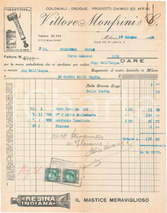 1931 MILANO Via Col di Lana, 14 - Vittore MONFRINI Coloniali INSETTIOL Fattura Fattura commerciale d'epoca, dattiloscritta, su carta intestata illustrata.Presenti marche da bollo. CONDIZIONI: FAIR (piegature d'epoca, residuo di ruggine al margine superiore)    originale e autentica 1
