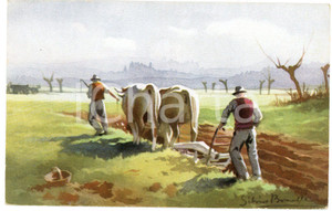 1930 ca Artista Silvio BONELLI Contadini arano un campo con buoi - Cartolina FP  Cartolina postale d'epoca, non viaggiata. FAIR/discreto Lievi smussature agli angoli Formato: FP originale e autentica 1