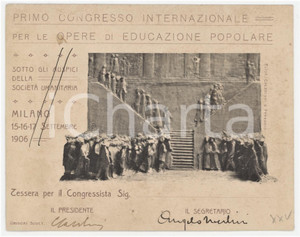 Oggetto da collezione cartaceo 1906 MILANO Primo congresso per le opere di educazione popolare  Tessera 14x11 1