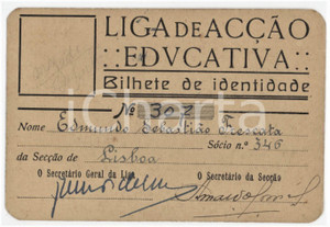 1920 ca LISBOA Liga de Accao Educativa - Bilhete de identidade 11x7 Tessera  d'epoca.  FAIR/discreto Lievi smussature agli angoli Formato: 11x7 cm originale e autentica 1