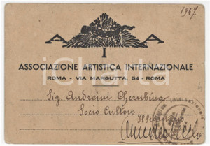 1947 ROMA Associazione Artistica Internazionale - Tessera di Cherubina ANDREINI Tessera originale d'epoca. POOR/danneggiato Bruniture, smussature agli angoli, piccolo strappo al margine destro Formato: 10x7 cm originale e autentica 1