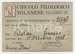 1945 MILANO - CFM Circolo Filologico Milanese - Tessera 9x7 cm Tessera d'epoca. VERY POOR/gravemente danneggiato Lievi smussature agli angoli, ingialliture, estesa abrasione al verso Formato: 9x7 cm originale e autentica 1