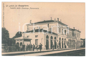 1908 CONEGLIANO (TV) Veduta della stazione ferroviaria - Cartolina ANIMATA RARA Cartolina postale d'epoca, viaggiata. Messaggio a matita visibile dove si trovava il francobollo.  GOOD/buono  Formato: 14x9 cm originale e autentica 1