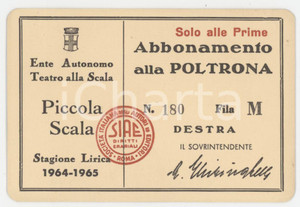 1964 MILANO Teatro alla Scala PICCOLA SCALA - Tessera abbonamento 9x6 cm Tessera d'epoca.  GOOD/buono  Formato: 9x6 cm originale e autentica 1