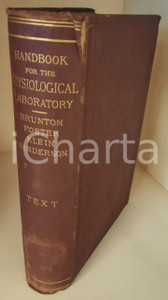 1873 BRUNTON FOSTER KLEIN SANDERSON Handbook for the physiological laboratory Volume originale d'epoca, copertina rigida e titoli in oro al dorso.PAGINE: 583+23EDITORE: London - J. & A. Churchill, New Burlington Street  FAIR/discreto buone condizioni interne (qualche fioritura), ma copertina danneggiata da sbrecciature e macchie Formato: 22x14 cm originale e autentica 1