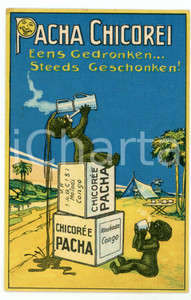 1910 ca BELGIQUE Chicorée PACHA - Carte postale publicitaire coloniale CONGO 2  Pregevole cartolina postale pubblicitaria d'epoca, illustrata a colori, a tema coloniale, non viaggiata.  FAIR/discreto piegatura al lato destro Formato: 9x14 cm originale e autentica 1