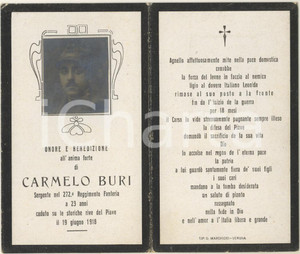Oggetto da collezione cartaceo 1918 WW1 Carmelo BURI Sergente 272Â° Fanteria  Santino con vera foto 1
