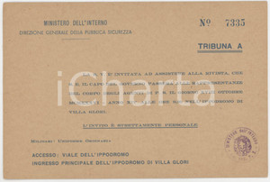 1936 ROMA Ippodromo di VILLA GLORI Invito rivista militare - Tribuna A 17x11 (2) Biglietto illustrato d'epoca.  FAIR/discreto Lievi smussature agli angoli, bruniture Formato: 17x11 cm originale e autentica 1