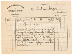 Documento originale, autentico 1901 CHIAVENNA Mulini e fabbrica di paste di Carlo MORO Fattura 1