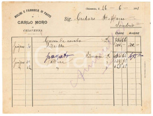 Documento originale, autentico 1901 CHIAVENNA Mulini e fabbrica di paste di Carlo MORO Fattura 7 1