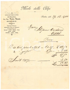 Documento originale, autentico 1900 SONDRIO  MIELE DELLE ALPI Apicoltore Paolo ROSSI Fattura 1
