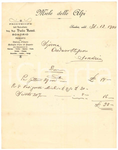 Documento originale, autentico 1900 SONDRIO  MIELE DELLE ALPI Apicoltore Paolo ROSSI Fattura 1 1