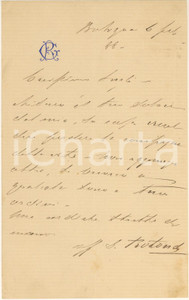 Autografo originale 1888 BOLOGNA Lettera Giovanni ROTONDI giurista  Condoglianze Autografo 1