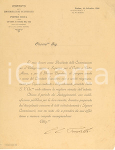 Documento originale, autentico 1906 TORINO Comitato bicentenario Pietro Micca  Autografo Celestino TORNIELLI 2 1