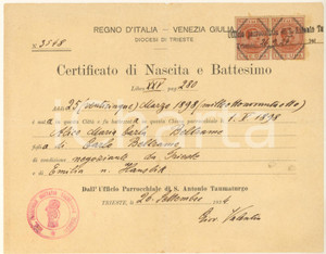 Documento originale, autentico 1924 TRIESTE Parrocchia S. Antonio  Certificato Battesimo Alice BELTRAME 1